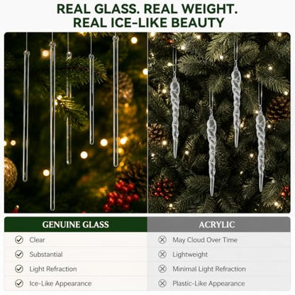 Handmade Glass Icicle Christmas Ornaments Set - Crystal Clear Holiday Decor, 32 Pieces