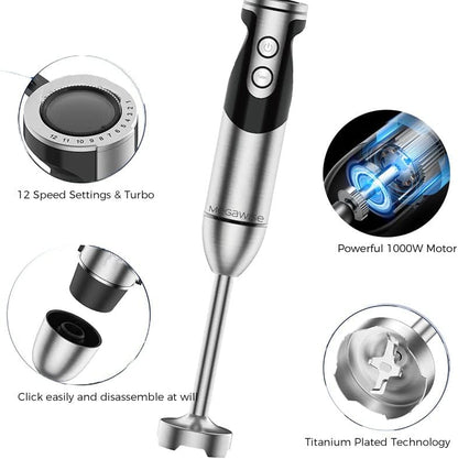 MegaWise Pro 3-in-1 Immersion Hand Blender - Powerful Copper Motor, 12-Speed, Includes Whisk & Frother