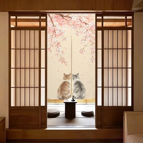 Japanese Noren Doorway Curtain Cherry Blossom Ink Cat Design 33.5x59 Inch - Pink Grey
