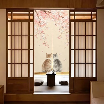 Japanese Noren Doorway Curtain Cherry Blossom Ink Cat Design 33.5x59 Inch - Pink Grey
