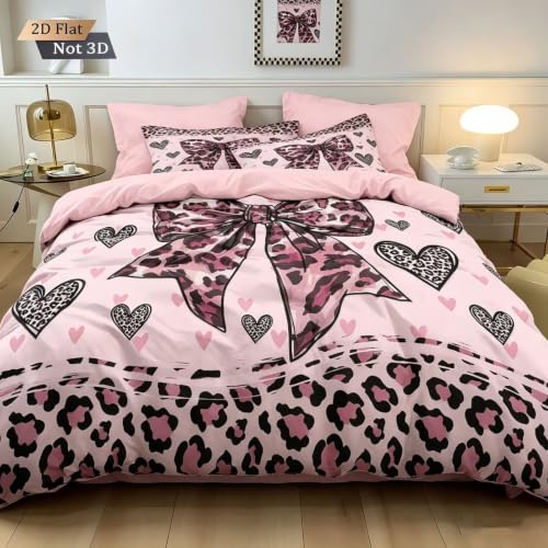 Pink Leopard Queen Duvet Cover Set with Bow & Heart Design - 3 Piece Bedding