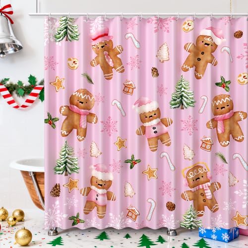 Pink Christmas Gingerbread Man Shower Curtain 72x72 Inches - Waterproof Bathroom Decor