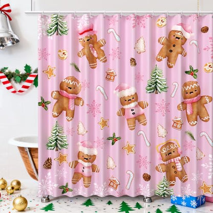 Pink Christmas Gingerbread Man Shower Curtain 72x72 Inches - Waterproof Bathroom Decor
