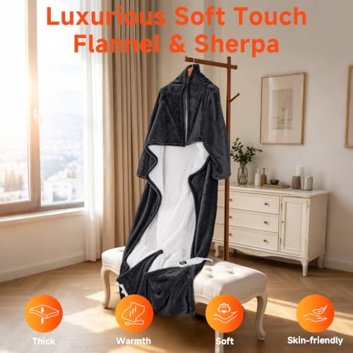 Wearable Heated Blanket with Foot Pocket - Grey 50x70 Inches