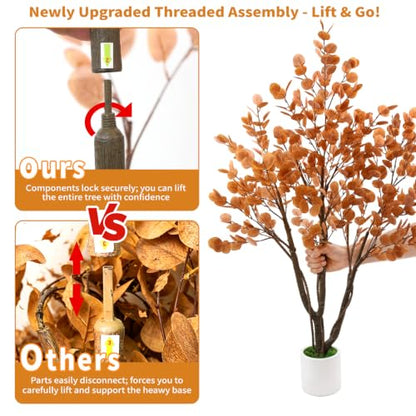 Artificial Fall Eucalyptus Tree 5FT - Indoor Outdoor Faux Tree with Natural Trunk - Fall Eucalyptus Variation