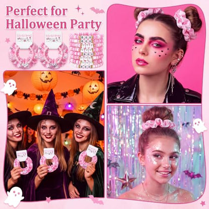 Pink Halloween Hair Scrunchies and Beaded Bracelets Gift Set - Spook Variation