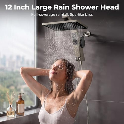 MakeFit Brushed Nickel Rain Shower Head with Handheld Filter Combo - High Pressure 12" Water Softener for Hard Water