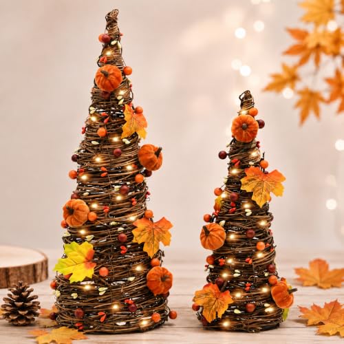 Orange Lighted Thanksgiving Table Tree Decor with Pumpkin and LED Lights