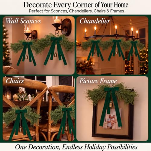 Mini Christmas Swags with Green Velvet Bow & Bell - 6 Pack, 13 Inches