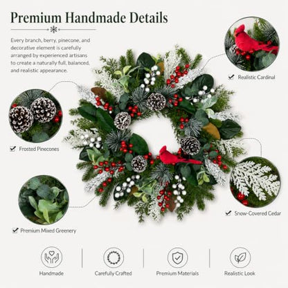 28-Inch Cardinal Winter Wreath with Berries for Front Door Christmas Decor