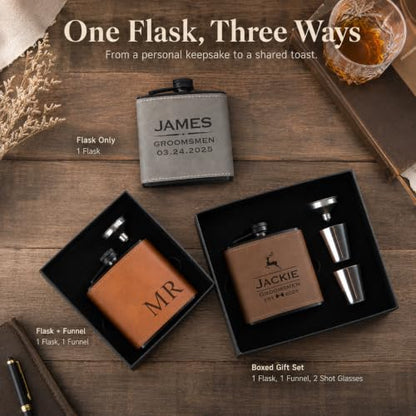 Personalized Leather Hip Flask 6 oz Engraved Groomsmen Gift - Coffee Variant