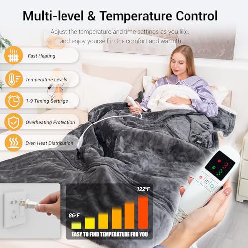 Dark Gray Wearable Heated Blanket with Removable Foot Pocket - 50x80 inches, 9 Temp Settings