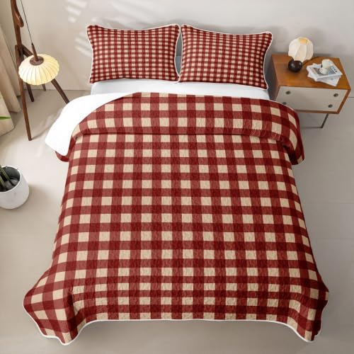 Manfei Gingham Red Twin Quilt Set with Pillow Sham - Microfiber Lightweight Farmhouse Bedding