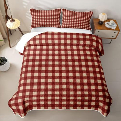 Manfei Gingham Red Twin Quilt Set with Pillow Sham - Microfiber Lightweight Farmhouse Bedding