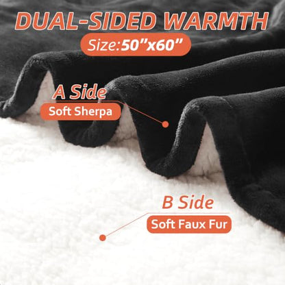 Electric Heated Blanket 50x60 Inches Soft Flannel & Sherpa Throw for Couch Bed