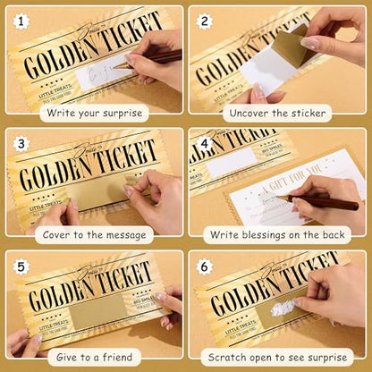 Golden Tickets Scratch Off Cards Set - 6 Pieces with Envelopes, Lucky Gift Reveal for Celebrations