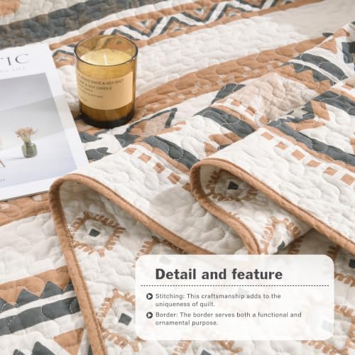 Queen Size Cotton Quilt Set with 2 Pillow Shams - Brown/Charcoal/Cream