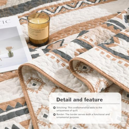 Queen Size Cotton Quilt Set with 2 Pillow Shams - Brown/Charcoal/Cream