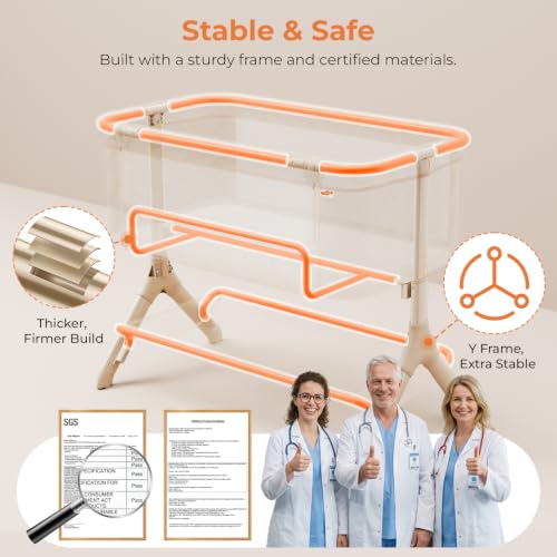 Pamo Babe Bedside Bassinet for Baby - 3-in-1 Foldable Travel Crib with Wheels, Adjustable Height, Storage Bag - Beige
