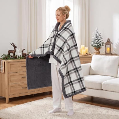 Garvee Electric Wearable Blanket 45x60 Flannel Sherpa Poncho - Dark White Plaid + Gray