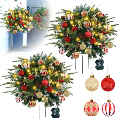 2 Pack Pre-Lit Artificial Christmas Tree Urn Fillers with LED Lights and Ornaments