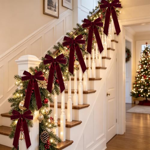 Burgundy Velvet Christmas Bow Set - Pre-Tied Holiday Tree Decorations, 12pcs