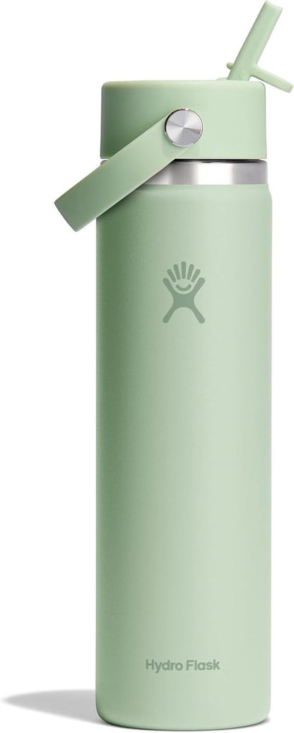 Hydro Flask Water Bottle - Insulated Stainless Steel with Wide Mouth Flex Straw Lid | 24 Oz Aloe Green, Leakproof & Refillable