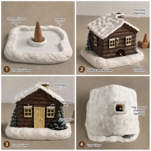 Snow Cabin Incense Burner with Fire-Resistant Resin Cottage Holder - Snow Hut Variation