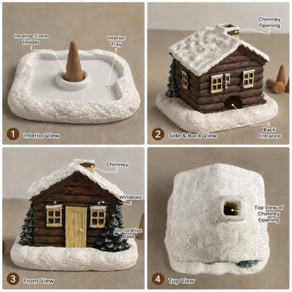Snow Cabin Incense Burner with Fire-Resistant Resin Cottage Holder - Snow Hut Variation