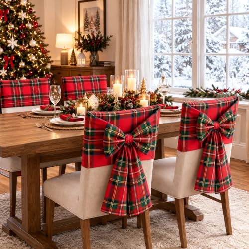 Christmas Bow Chair Back Covers - Red & Green Plaid Linen Holiday Seat Slipcovers with Adjustable Bows - Set of 4