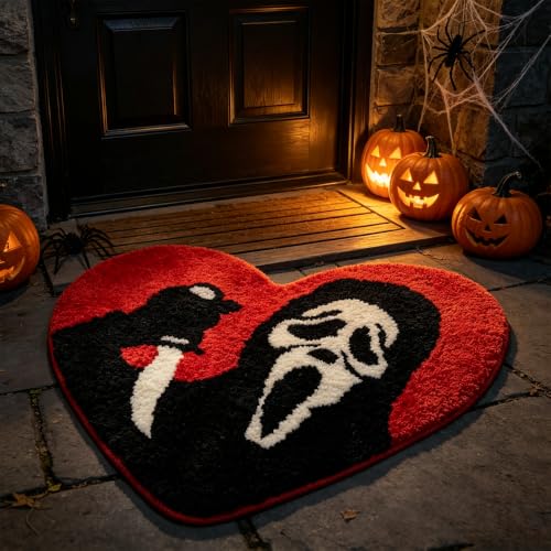 Halloween Ghost Shaped Rug with Plush Tufted Surface and Non-Slip Backing - Irregular Size with Variation Skull Hearts