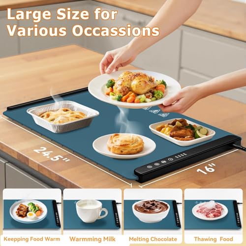 MealHelper Teal Food Warming Mat with 4 Temp Levels & 6-Hour Timer, Portable Electric Food Warmer for Countertop