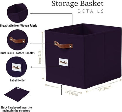 DECOMOMO Storage Baskets - 13x15x13 Cube Bins with Labels for Organized Shelves | Deep Violet (Set of 4)