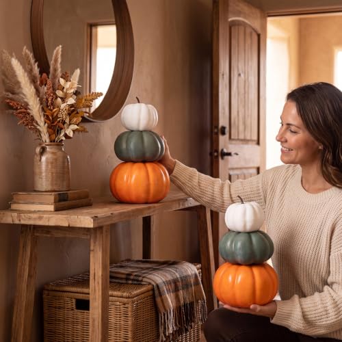 Marsui Fall Decor 2-Set Stacked Pumpkins with White, Green, Orange - 11.8"