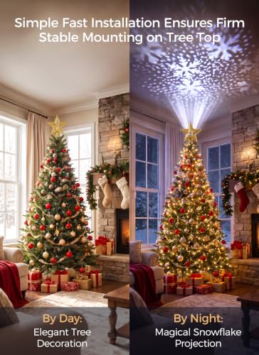 Christmas Tree Topper with Snowflake Projector Light, Gold - Universal Fit