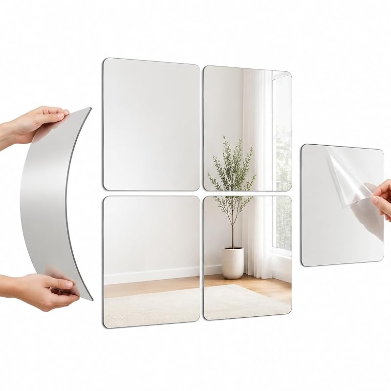 Shatterproof Acrylic Mirror Tiles, 12x12 inch, 4 Pack for Kids Rooms