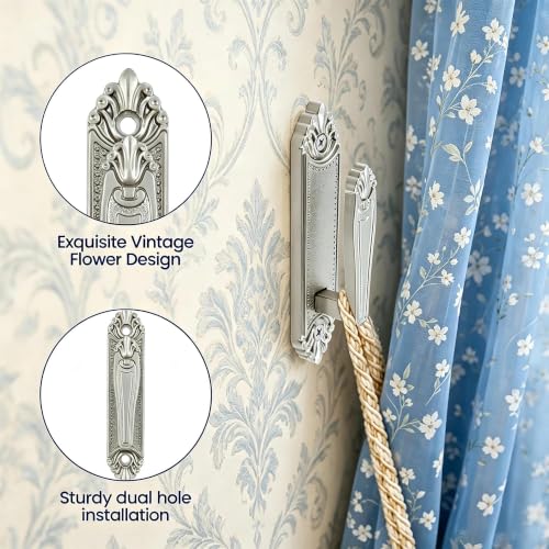 RiseDirectly 2 Pack Matte Silver Curtain Holdbacks Rust-Proof Zinc Alloy - Modern Drapery Tiebacks
