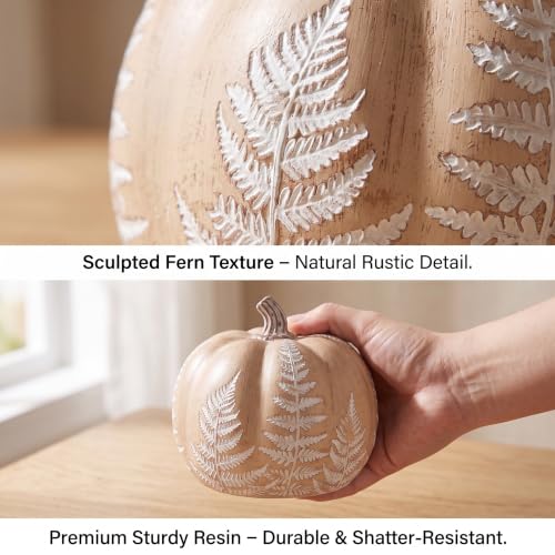 Brown Resin Fall Pumpkins with Leaves Pattern - Rustic Home Decor, Set of 2