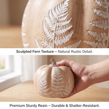 Brown Resin Fall Pumpkins with Leaves Pattern - Rustic Home Decor, Set of 2