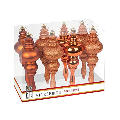 7-Inch Burnished Orange Finial Ornament Set - Shiny, Matte, Glitter & Sequin Finishes, 8 Pack