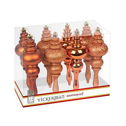 7-Inch Burnished Orange Finial Ornament Set - Shiny, Matte, Glitter & Sequin Finishes, 8 Pack