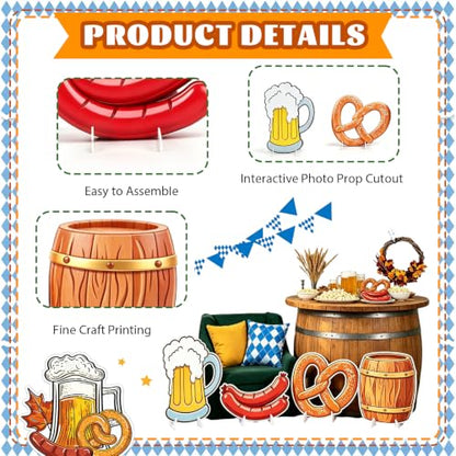 Large Oktoberfest Beer Mug Pretzel Sausage Cardboard Cutouts 4 Pack for Festive Party Decor