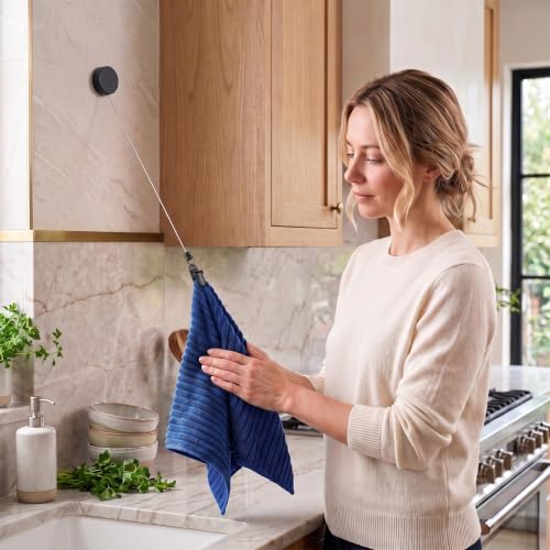 Retractable Towel Clip Hand Towel Holder with Extendable Cord - Black Plastic 2 Pack