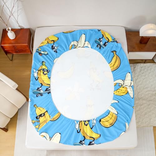 Queen Size Fitted Sheet Set with Flat Sheet and Pillowcases - Blue Yellow Banana Design