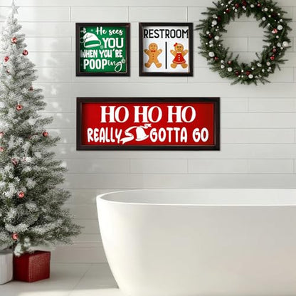 Christmas Bathroom Wood Signs Set - Rustic Holiday Restroom Wall Decor