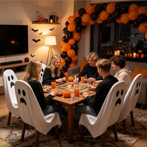 Halloween Ghost & Pumpkin Chair Covers Set - 4 Pieces, Festive Seat Wraps (Variation of Ghost)