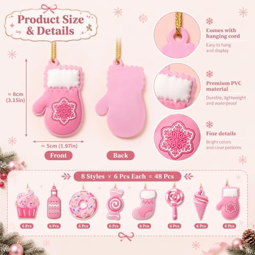 Pink Christmas Candy Ornaments Set - 48 Cute Holiday Decor, Hanging