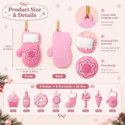 Pink Christmas Candy Ornaments Set - 48 Cute Holiday Decor, Hanging