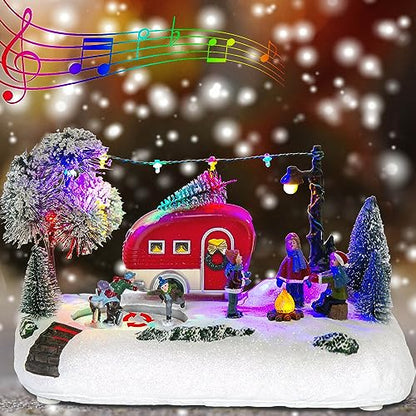 Animated Christmas Camper Village Scene with Skating & Lights - Multicolor