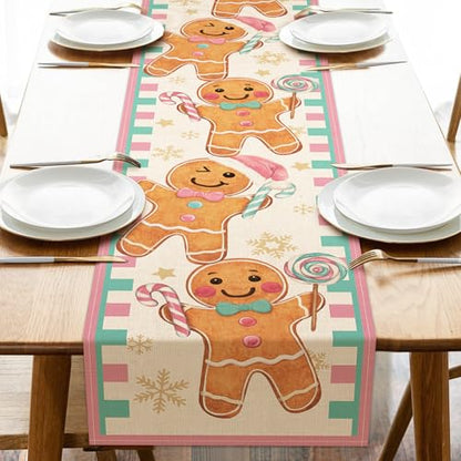 Christmas Gingerbread Man Table Runner Pink Holiday Decor 13x72 Inches Variation of Gingerbread Man-Pink